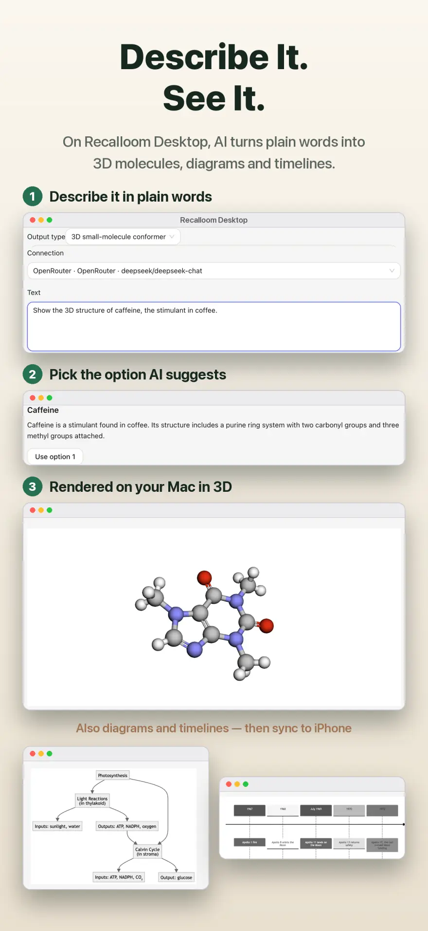 Recalloom Desktop: the request “Show the 3D structure of caffeine” becomes a suggested option and then a rotatable 3D caffeine molecule.